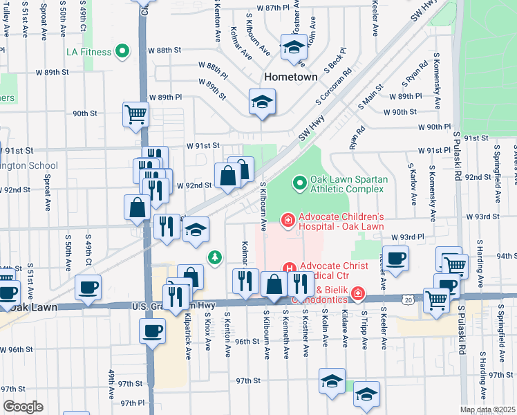map of restaurants, bars, coffee shops, grocery stores, and more near 4500 West 93rd Street in Oak Lawn