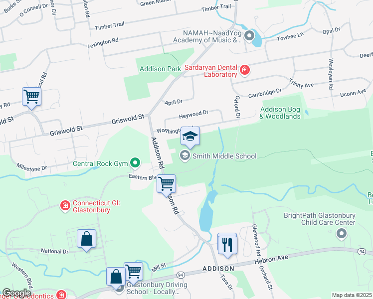 map of restaurants, bars, coffee shops, grocery stores, and more near 216 Addison Road in Glastonbury