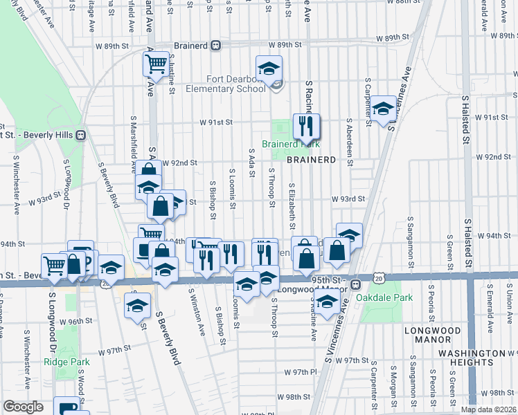 map of restaurants, bars, coffee shops, grocery stores, and more near 9328 South Ada Street in Chicago