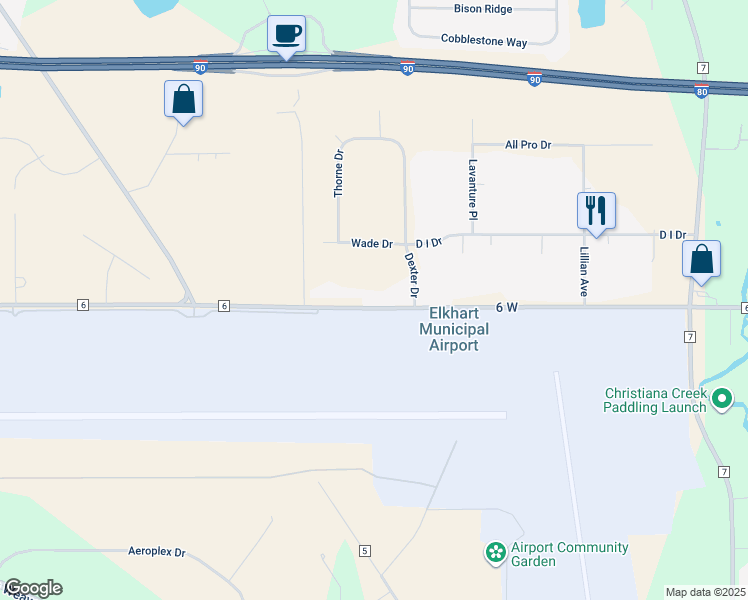 map of restaurants, bars, coffee shops, grocery stores, and more near 1321 County Road 6 in Elkhart