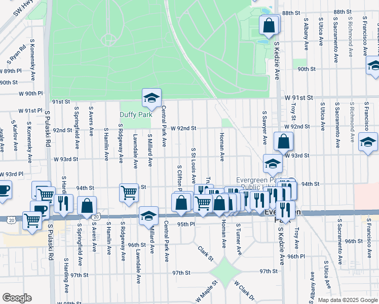 map of restaurants, bars, coffee shops, grocery stores, and more near 9246 South Saint Louis Avenue in Chicago