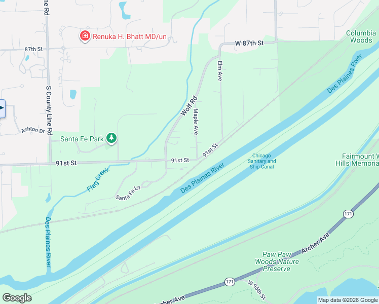 map of restaurants, bars, coffee shops, grocery stores, and more near 70 Santa Fe Court in Willow Springs