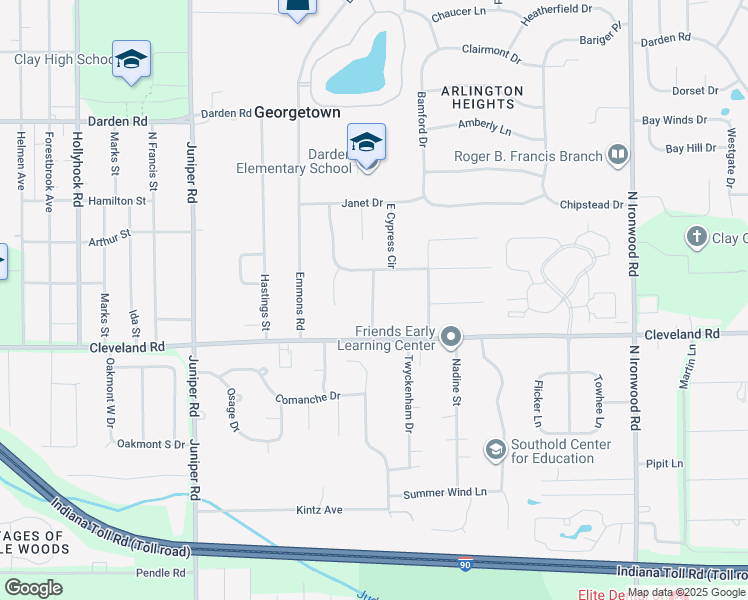 map of restaurants, bars, coffee shops, grocery stores, and more near 52800 Camellia Drive in South Bend