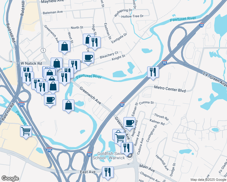 map of restaurants, bars, coffee shops, grocery stores, and more near 1 Shalom Drive in Warwick