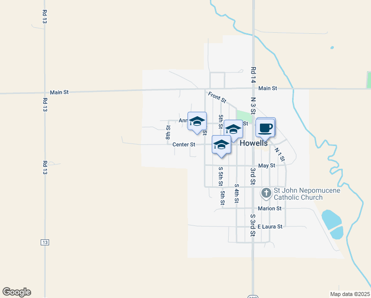 map of restaurants, bars, coffee shops, grocery stores, and more near 119 7th Street in Howells