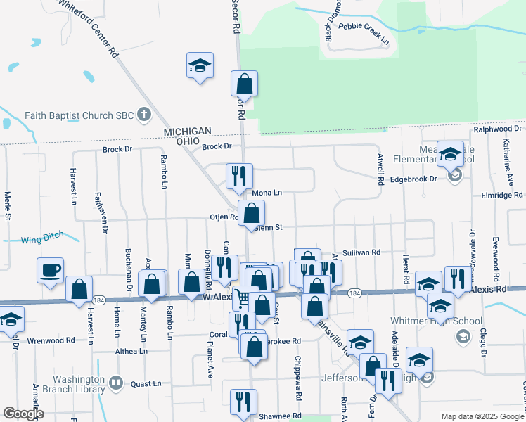 map of restaurants, bars, coffee shops, grocery stores, and more near 3256-3298 Glenn Street in Toledo