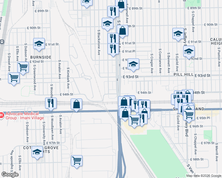 map of restaurants, bars, coffee shops, grocery stores, and more near 1535 East 94th Street in Chicago