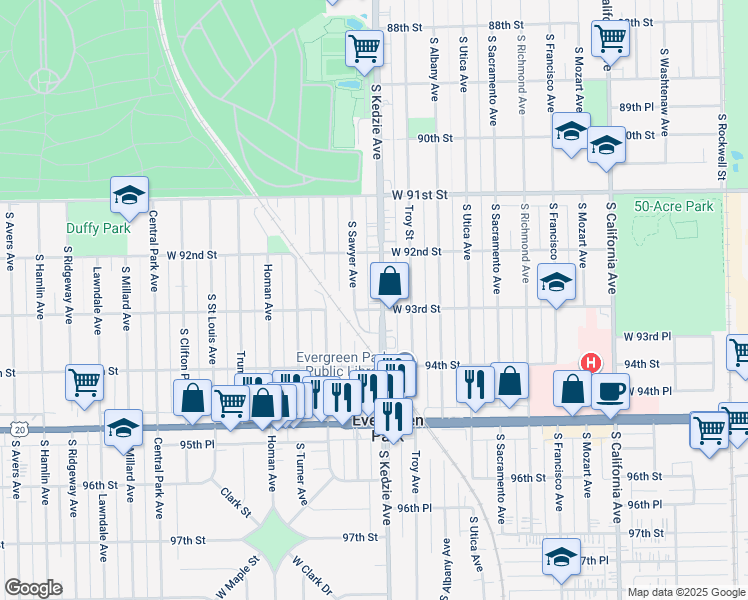 map of restaurants, bars, coffee shops, grocery stores, and more near 9308 South Kedzie Avenue in Evergreen Park