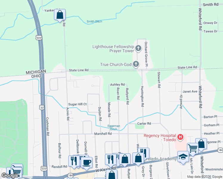 map of restaurants, bars, coffee shops, grocery stores, and more near 6030 Meade Road in Sylvania