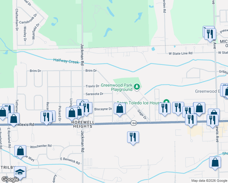 map of restaurants, bars, coffee shops, grocery stores, and more near 5936 Curson Drive in Toledo