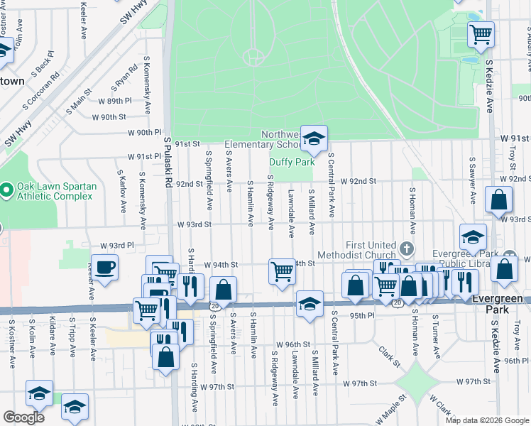 map of restaurants, bars, coffee shops, grocery stores, and more near 9304 South Ridgeway Avenue in Evergreen Park