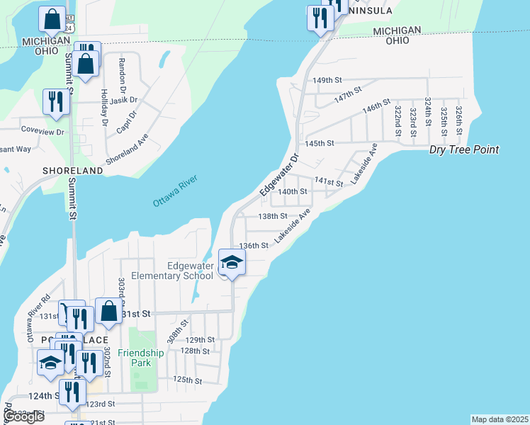 map of restaurants, bars, coffee shops, grocery stores, and more near 3251 138th Street in Toledo