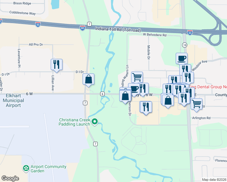 map of restaurants, bars, coffee shops, grocery stores, and more near 26860 County Road 6 in Elkhart