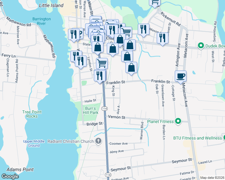map of restaurants, bars, coffee shops, grocery stores, and more near 42 King Street in Warren
