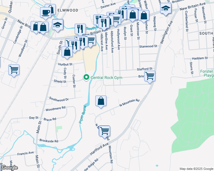 map of restaurants, bars, coffee shops, grocery stores, and more near 15 Steven Street in West Hartford