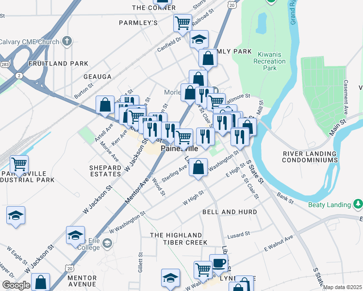 map of restaurants, bars, coffee shops, grocery stores, and more near in Painesville