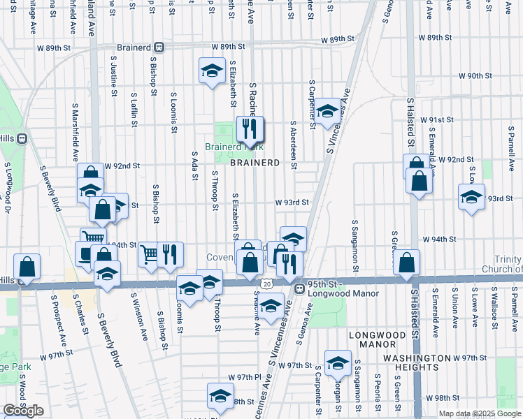 map of restaurants, bars, coffee shops, grocery stores, and more near 9335 South Racine Avenue in Chicago