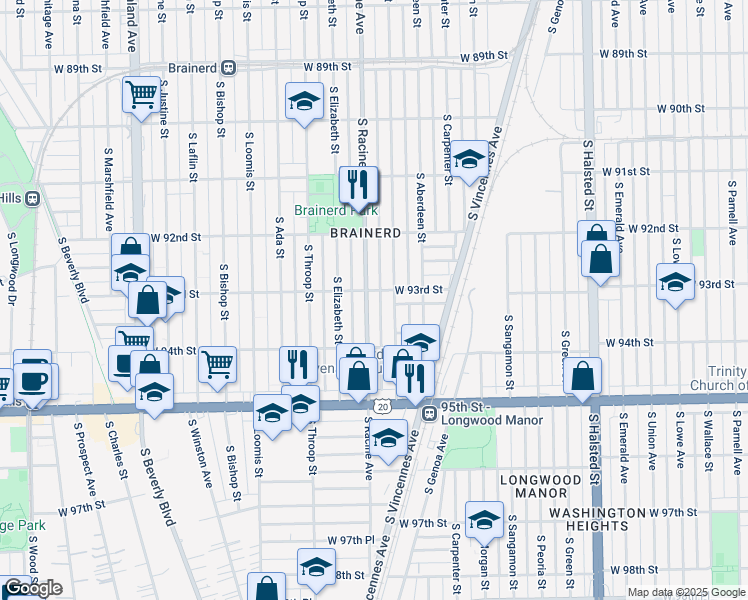 map of restaurants, bars, coffee shops, grocery stores, and more near 9335 South Racine Avenue in Chicago