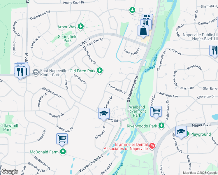 map of restaurants, bars, coffee shops, grocery stores, and more near 103 Newgate Avenue in Naperville