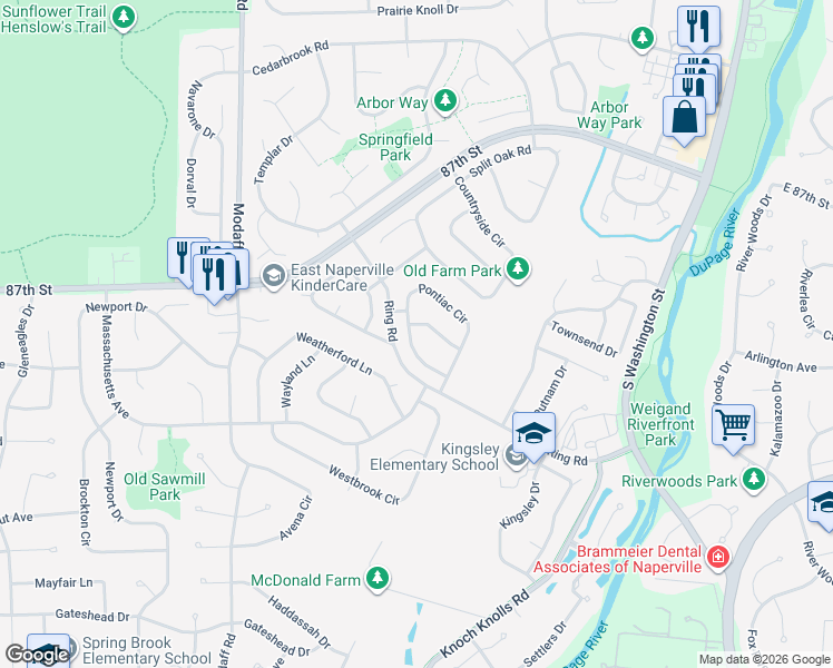 map of restaurants, bars, coffee shops, grocery stores, and more near 2221 Pontiac Circle in Naperville