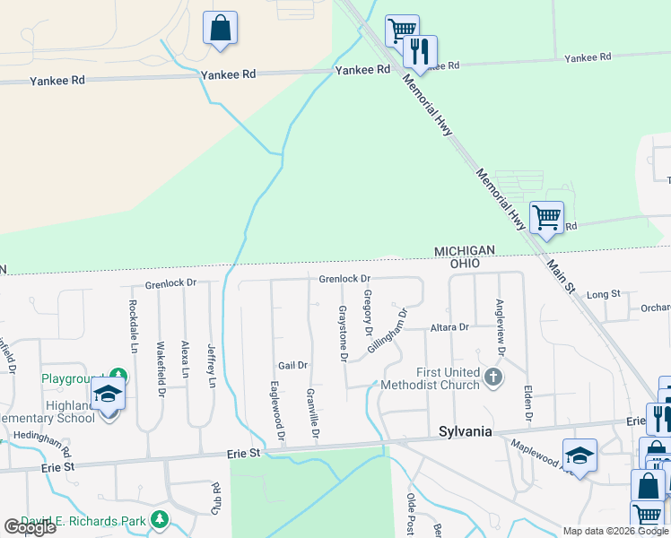 map of restaurants, bars, coffee shops, grocery stores, and more near 7315 Grenlock Drive in Sylvania