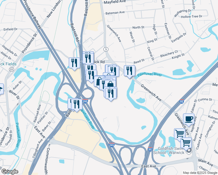 map of restaurants, bars, coffee shops, grocery stores, and more near 400 Bald Hill Road in Warwick