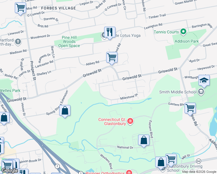 map of restaurants, bars, coffee shops, grocery stores, and more near 44 Gayfeather Lane in Glastonbury