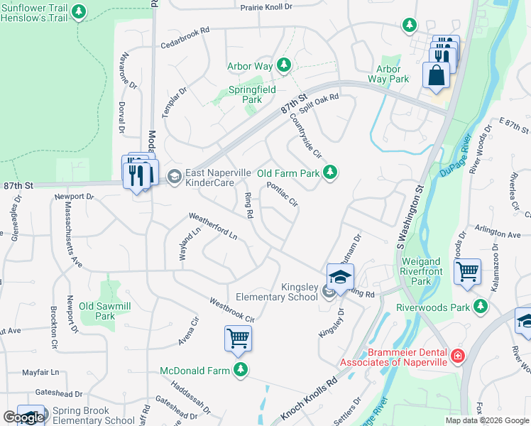 map of restaurants, bars, coffee shops, grocery stores, and more near 2221 Pontiac Circle in Naperville