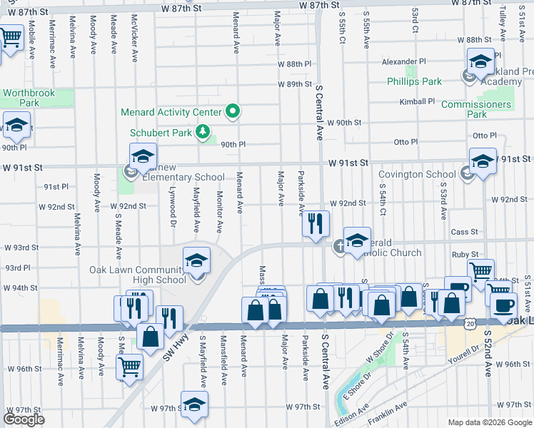 map of restaurants, bars, coffee shops, grocery stores, and more near 9228 Major Avenue in Oak Lawn