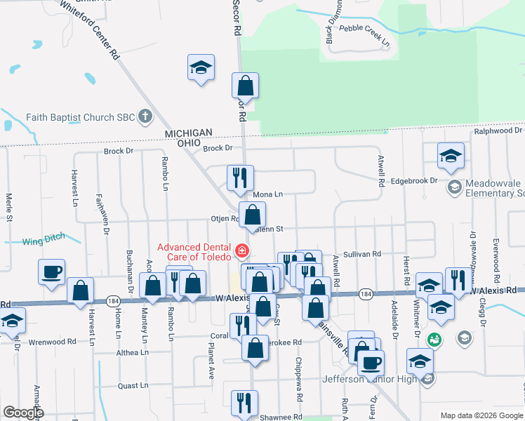 map of restaurants, bars, coffee shops, grocery stores, and more near 3256-3298 Glenn Street in Toledo