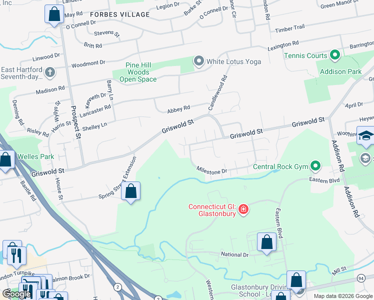 map of restaurants, bars, coffee shops, grocery stores, and more near 10 Redbud Lane in Glastonbury
