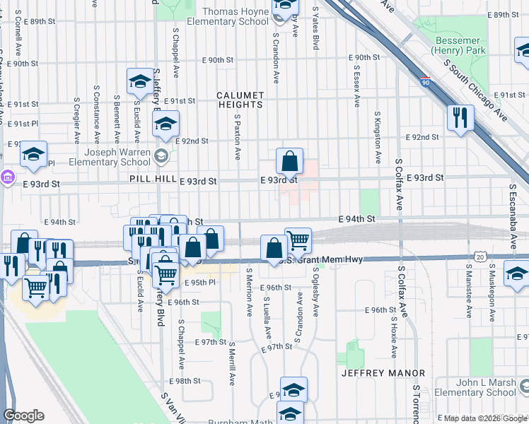 map of restaurants, bars, coffee shops, grocery stores, and more near 9322 South Crandon Avenue in Chicago