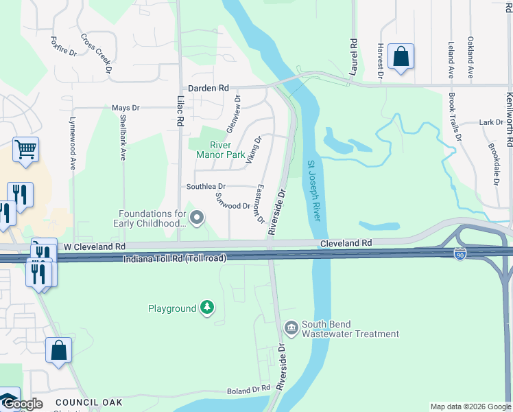 map of restaurants, bars, coffee shops, grocery stores, and more near 3500 Eastmont Drive in South Bend