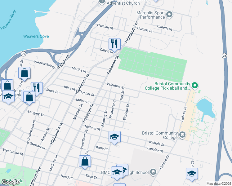 map of restaurants, bars, coffee shops, grocery stores, and more near 524 Rochester Street in Fall River
