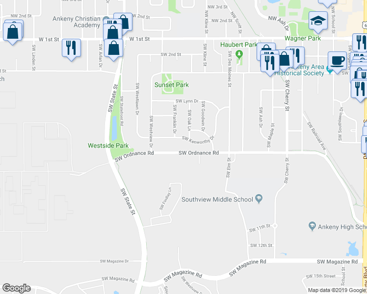 map of restaurants, bars, coffee shops, grocery stores, and more near 1218 Southwest Ordnance Road in Ankeny