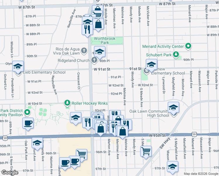 map of restaurants, bars, coffee shops, grocery stores, and more near 6243 West 92nd Street in Oak Lawn