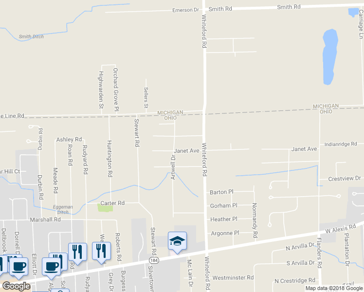 map of restaurants, bars, coffee shops, grocery stores, and more near 5150 Janet Avenue in Sylvania