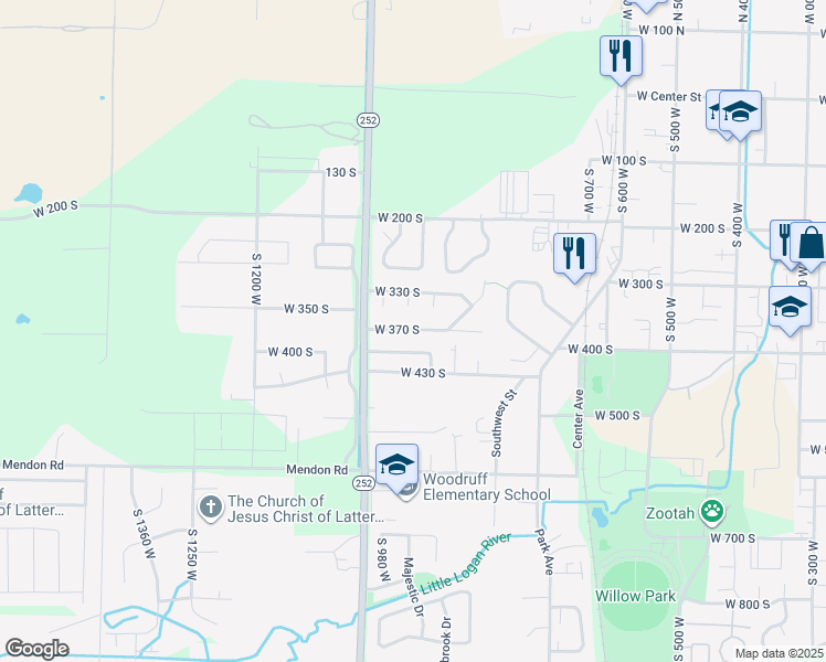 map of restaurants, bars, coffee shops, grocery stores, and more near West 370 South in Logan