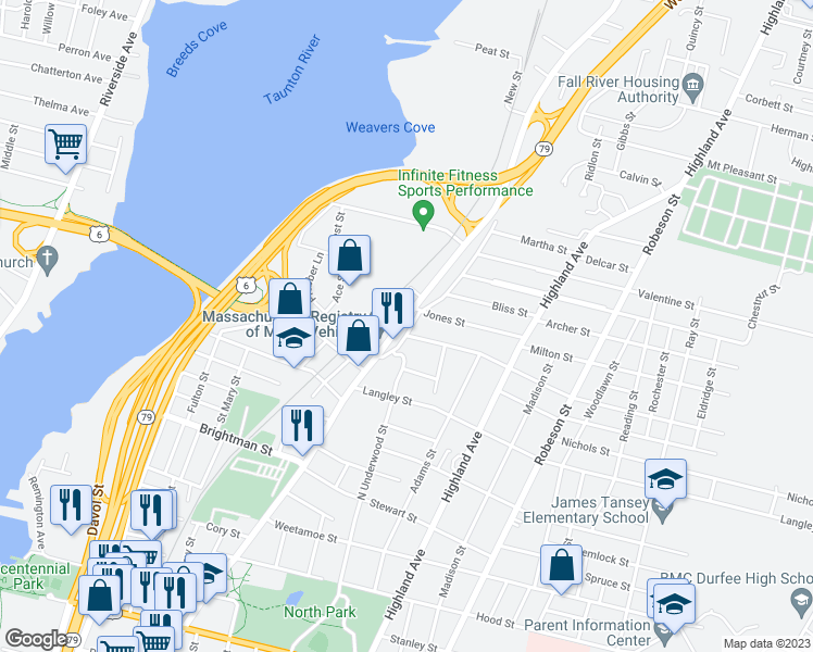 map of restaurants, bars, coffee shops, grocery stores, and more near 1928 North Main Street in Fall River