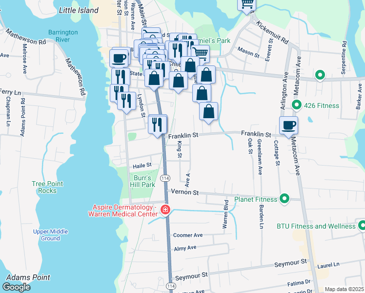 map of restaurants, bars, coffee shops, grocery stores, and more near 29 Franklin Street in Warren