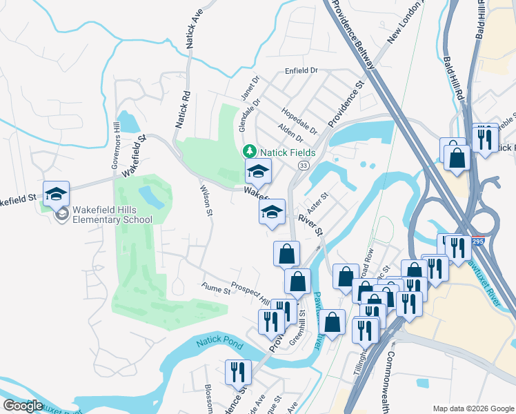 map of restaurants, bars, coffee shops, grocery stores, and more near 39 Intervale Road in West Warwick