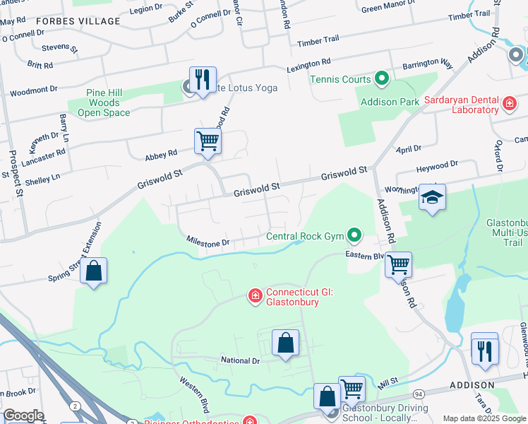 map of restaurants, bars, coffee shops, grocery stores, and more near 3 Firethorn Drive in Glastonbury