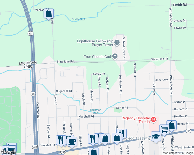 map of restaurants, bars, coffee shops, grocery stores, and more near 6070 Meade Road in Sylvania