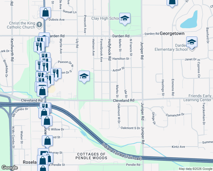 map of restaurants, bars, coffee shops, grocery stores, and more near 52757-52847 Hollyhock Rd in South Bend