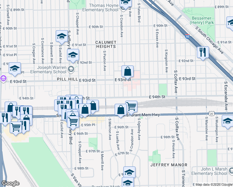 map of restaurants, bars, coffee shops, grocery stores, and more near 9322 South Crandon Avenue in Chicago
