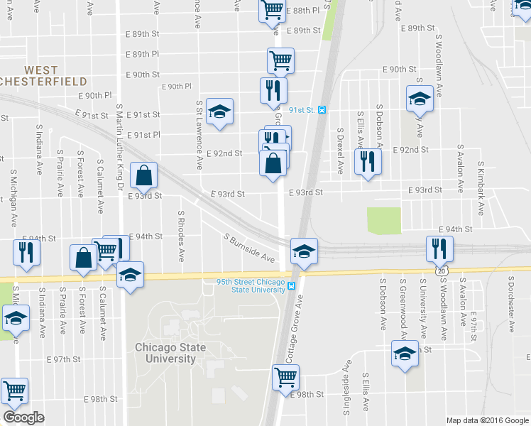map of restaurants, bars, coffee shops, grocery stores, and more near 9304 South Evans Avenue in Chicago