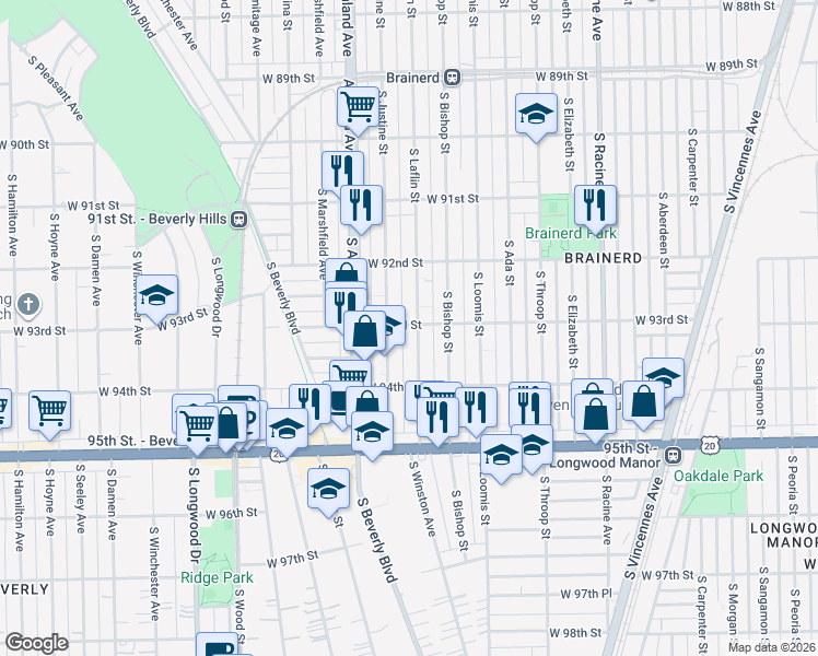 map of restaurants, bars, coffee shops, grocery stores, and more near 9241 South Laflin Street in Chicago