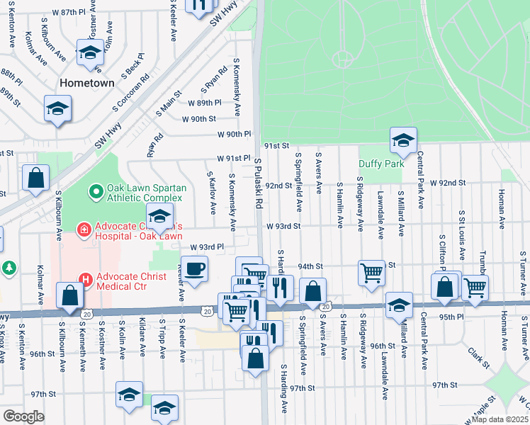 map of restaurants, bars, coffee shops, grocery stores, and more near 9219 South Pulaski Road in Evergreen Park