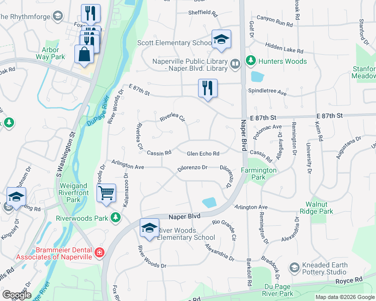 map of restaurants, bars, coffee shops, grocery stores, and more near 2218 Riverlea Circle in Naperville