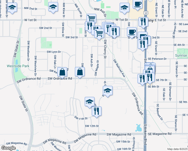 map of restaurants, bars, coffee shops, grocery stores, and more near 606 Southwest Maple Street in Ankeny